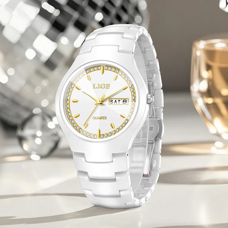 LIGE Fashion Luxury Woman Watch Elegant Top Brand Ceramics Diamond Waterproof Week Calendar Ladies Quartz Watches for Women+Box