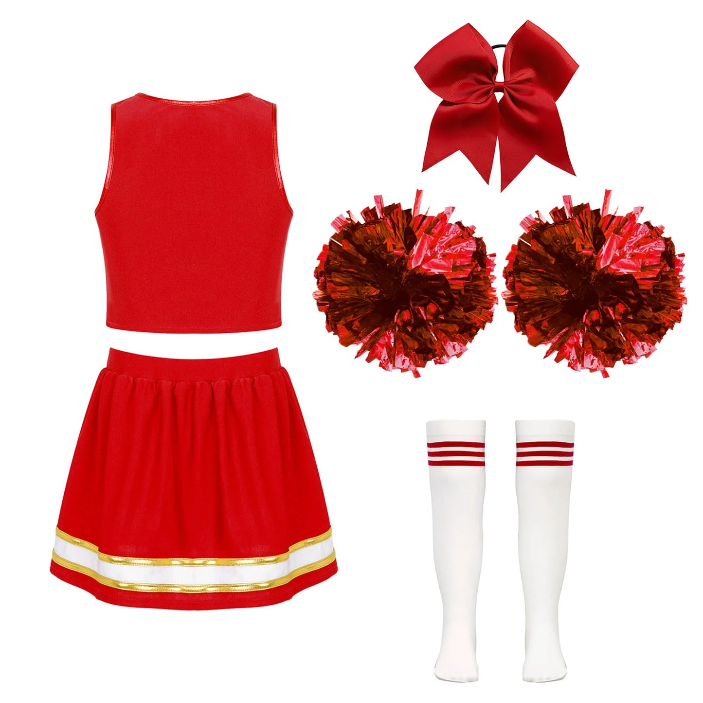 Cheerleader Costume Girls Kids Cheerleading Dance Dresses Pom Pom and Socks Set Cheer School Cosplay Carnival Halloween Clothes