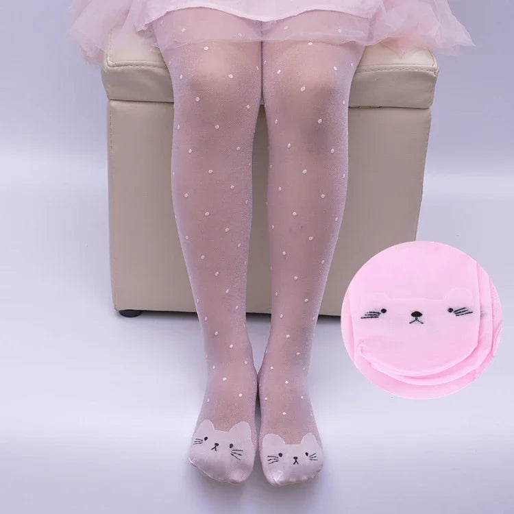 Spring Summer Tights for Girls Cartoon Thin Silk Pantyhose Kids Candy Color Dot Dance Stocking Child Girls Tights with Cats