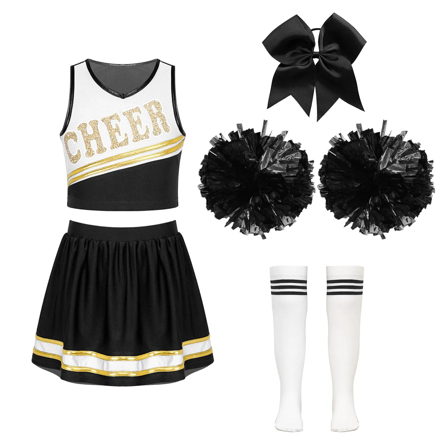 Cheerleader Costume Girls Kids Cheerleading Dance Dresses Pom Pom and Socks Set Cheer School Cosplay Carnival Halloween Clothes