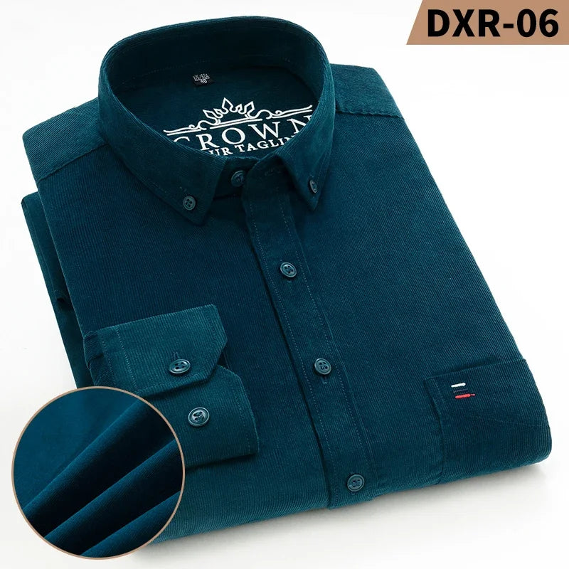2023 Cotton Corduroy Autumn Winter Long Sleeve Regular Fit Mens Casual Shirt Warm Solid Men's Shirts With Pokets