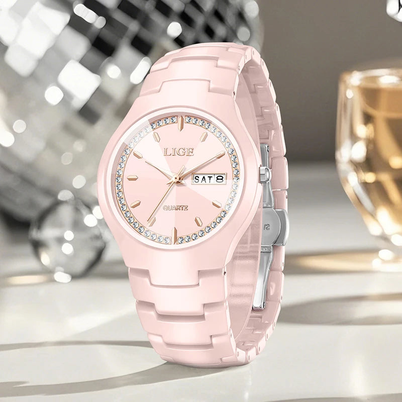 LIGE Fashion Luxury Woman Watch Elegant Top Brand Ceramics Diamond Waterproof Week Calendar Ladies Quartz Watches for Women+Box