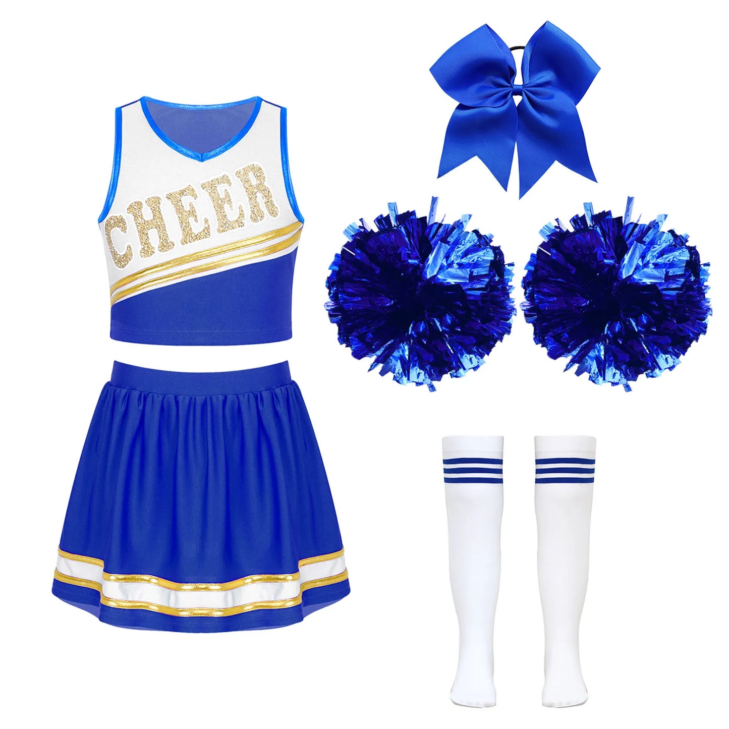 Cheerleader Costume Girls Kids Cheerleading Dance Dresses Pom Pom and Socks Set Cheer School Cosplay Carnival Halloween Clothes