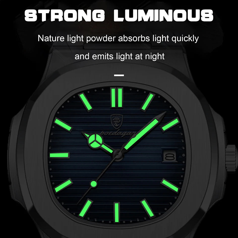 POEDAGAR Luxury Watch Business 50 ATM Waterproof Male Clock Luminous Date Stainless Steel Square Quartz Men Watches reloj hombre