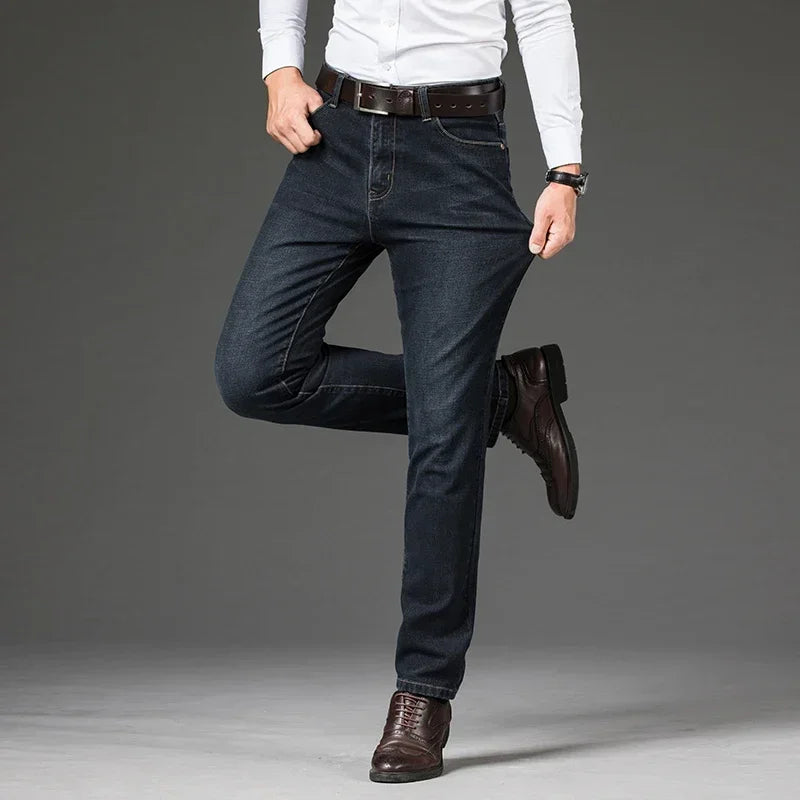 Large Size 40 42 44 46 2025 New Business Casual Stretch Trousers Classic Blue Denim Pants Male Men's Loose Straight Jeans