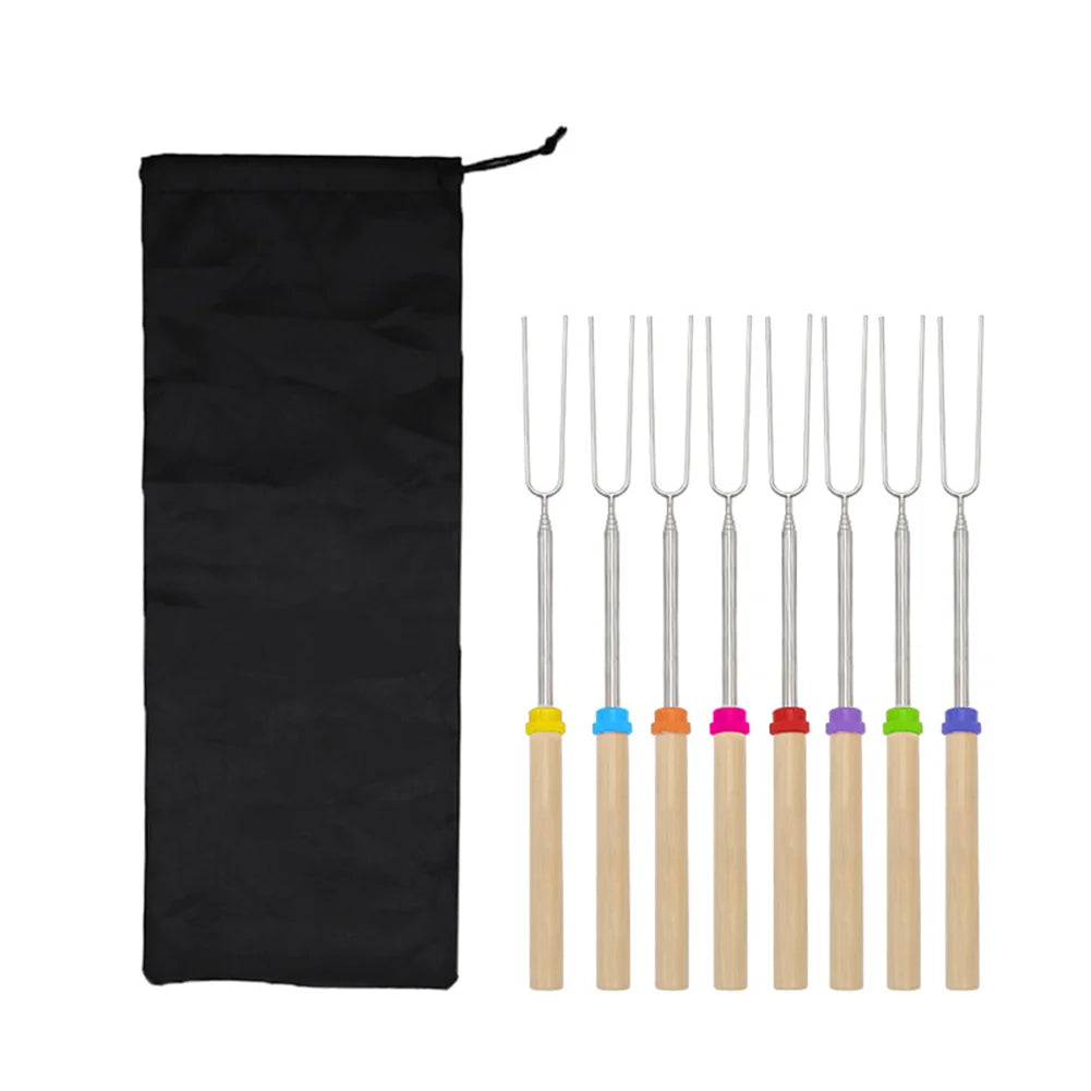 8Pcs Telescoping Barbecue Fork Stainless Steel Double Metal Skewers Roasting Stick Smores Skewer for Hot Dog BBQ Picnic Camping