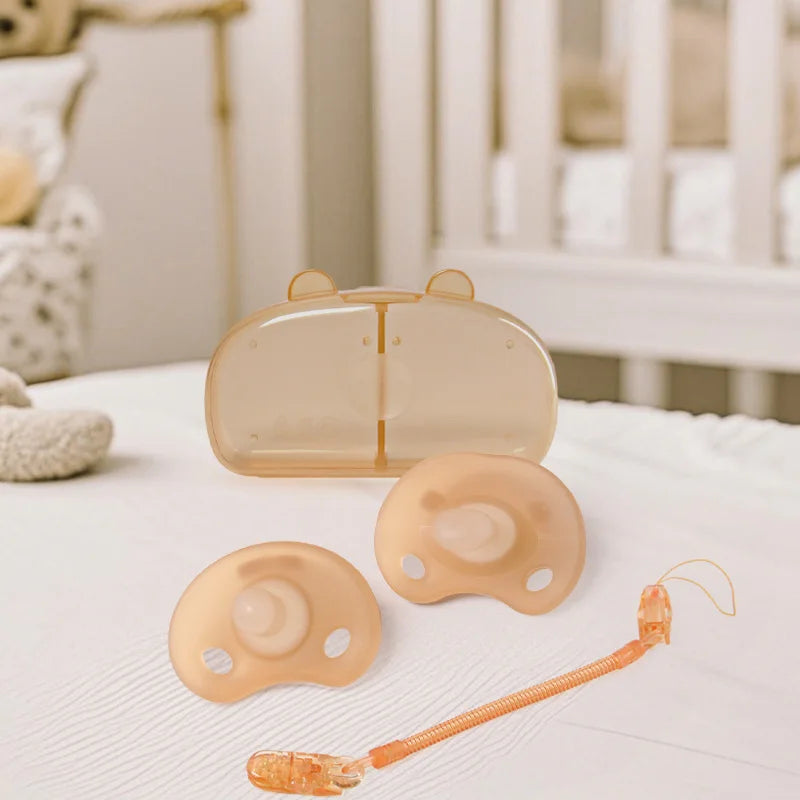 2 Pcs Baby Silicone Pacifier Set With Bear Storage Box Flat and Round Nipple Head For day and night Use Set