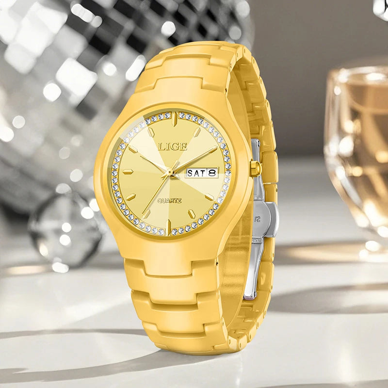 LIGE Fashion Luxury Woman Watch Elegant Top Brand Ceramics Diamond Waterproof Week Calendar Ladies Quartz Watches for Women+Box