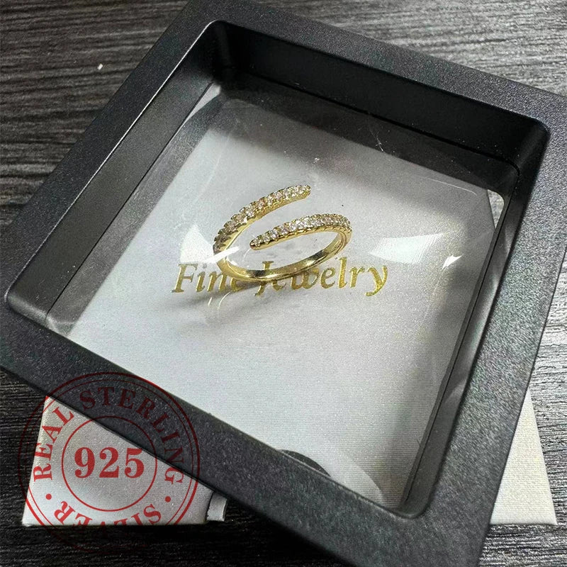 Huitan Real 925 Sterling Silver Gold Color Opening Rings Female Trendy Simple Adjustable Accessories Sparking Engagement Jewelry