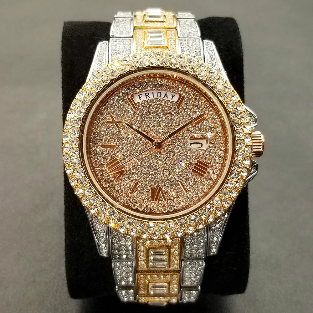 TikTok Hot Diamond Wristwatch For Men Luxury 18K Gold Plated Quartz Watches Day Date Nightclub Party Watch Unisex Rapper Jewelry