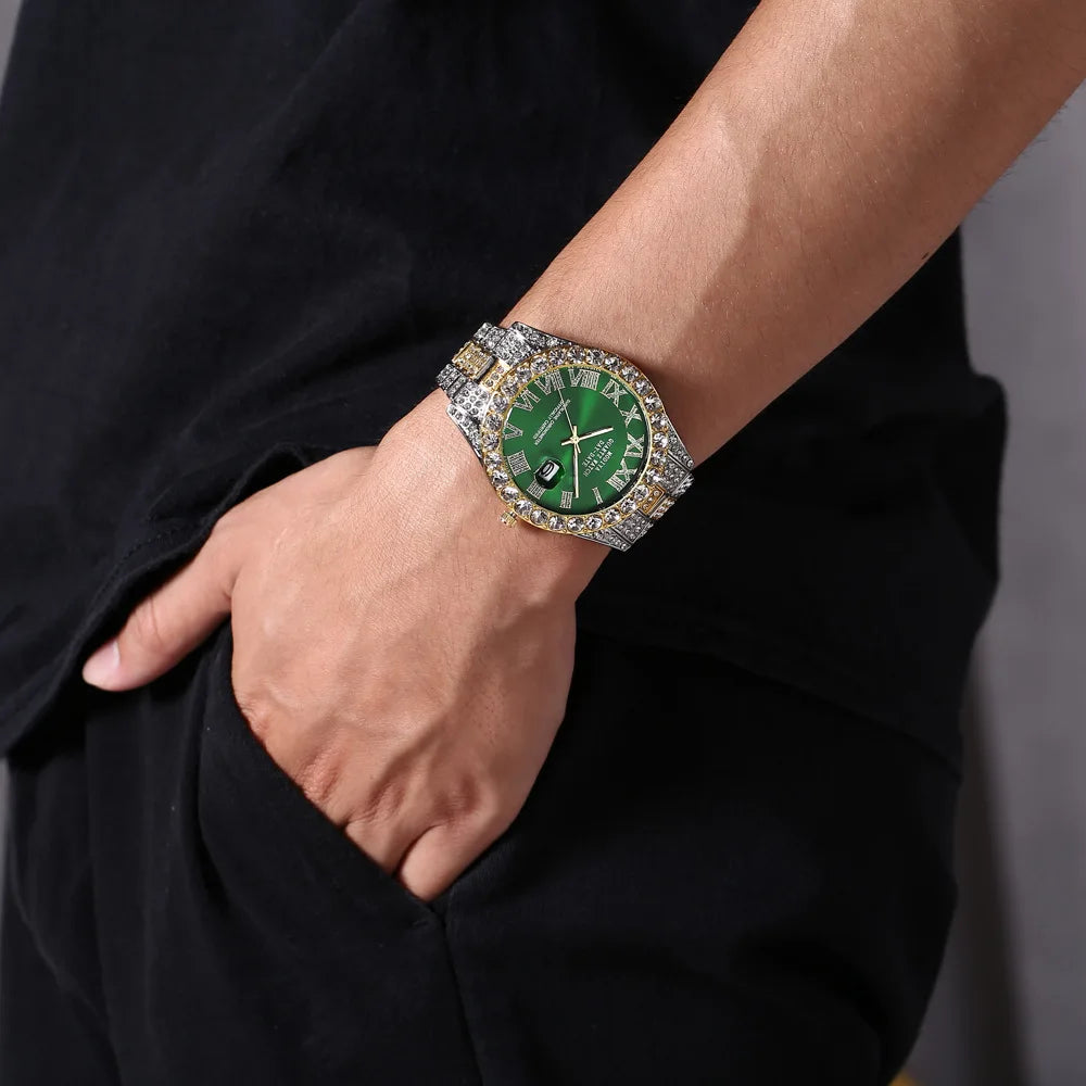 Hot Sale Diamond Bling Watch Men Gold Color Luxury Gift Quartz Watches Male Clock Dropshipping Rhinestone Calendar Wristwatch
