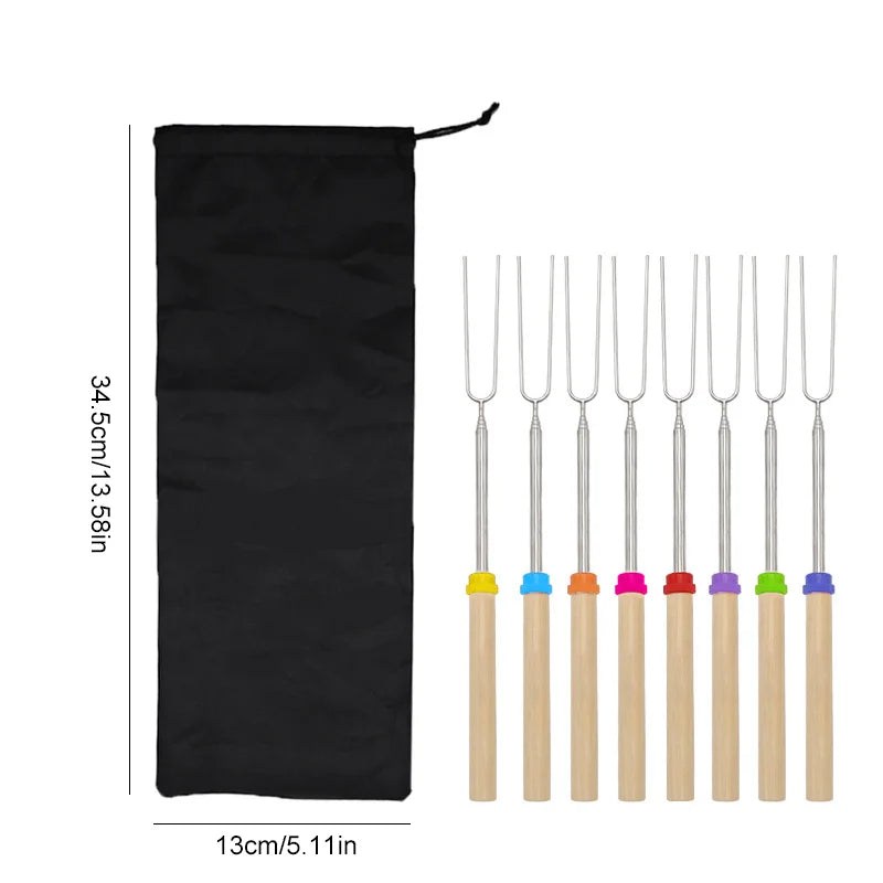 8Pcs Telescoping Barbecue Fork Stainless Steel Double Metal Skewers Roasting Stick Smores Skewer for Hot Dog BBQ Picnic Camping