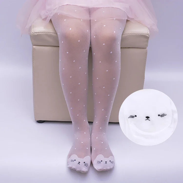Spring Summer Tights for Girls Cartoon Thin Silk Pantyhose Kids Candy Color Dot Dance Stocking Child Girls Tights with Cats