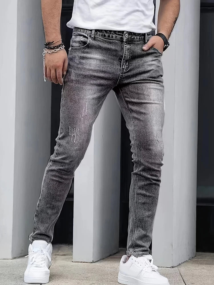 2025 Men's Slim Four-Season Washed Fashion Jeans Stretch Slim Fit Light Blue Gray Black Casual Denim Pants