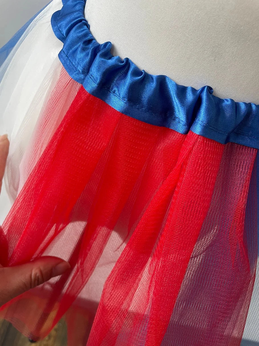 Children's mesh TUTU skirt, red, white, and blue color combination for holiday celebrations and dance performances