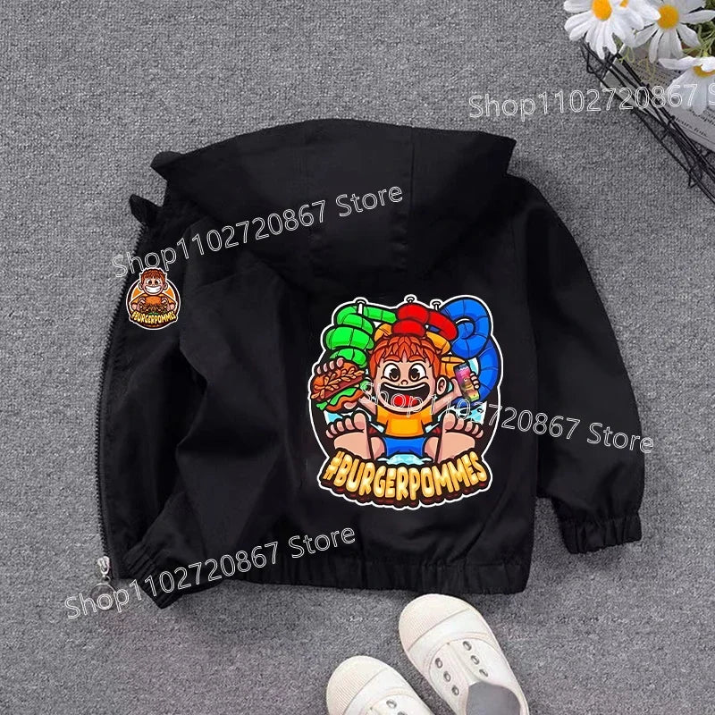 Burgerpommes Icrimax Kid Jacket Boy Anime Cartoon Windbreaker Hooded Trendy Cool Waterproof Top Coat Children's Clothing Gifts