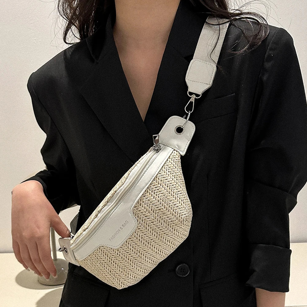 Boho Braided Fanny Pack Patchwork Straw Beach Bag for Women's Summer Hand-Woven Bum Bag Adjustable Strap Crossbody Shoulder Bags