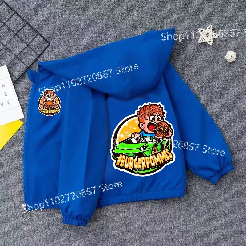 Burgerpommes Icrimax Kid Jacket Boy Anime Cartoon Windbreaker Hooded Trendy Cool Waterproof Top Coat Children's Clothing Gifts