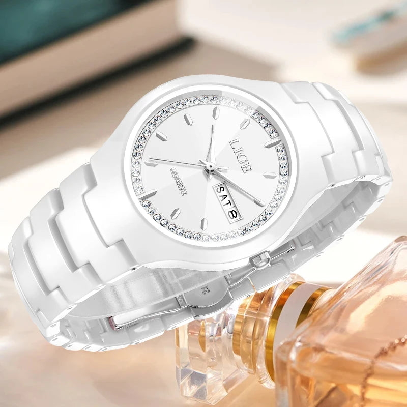 LIGE Fashion Luxury Woman Watch Elegant Top Brand Ceramics Diamond Waterproof Week Calendar Ladies Quartz Watches for Women+Box