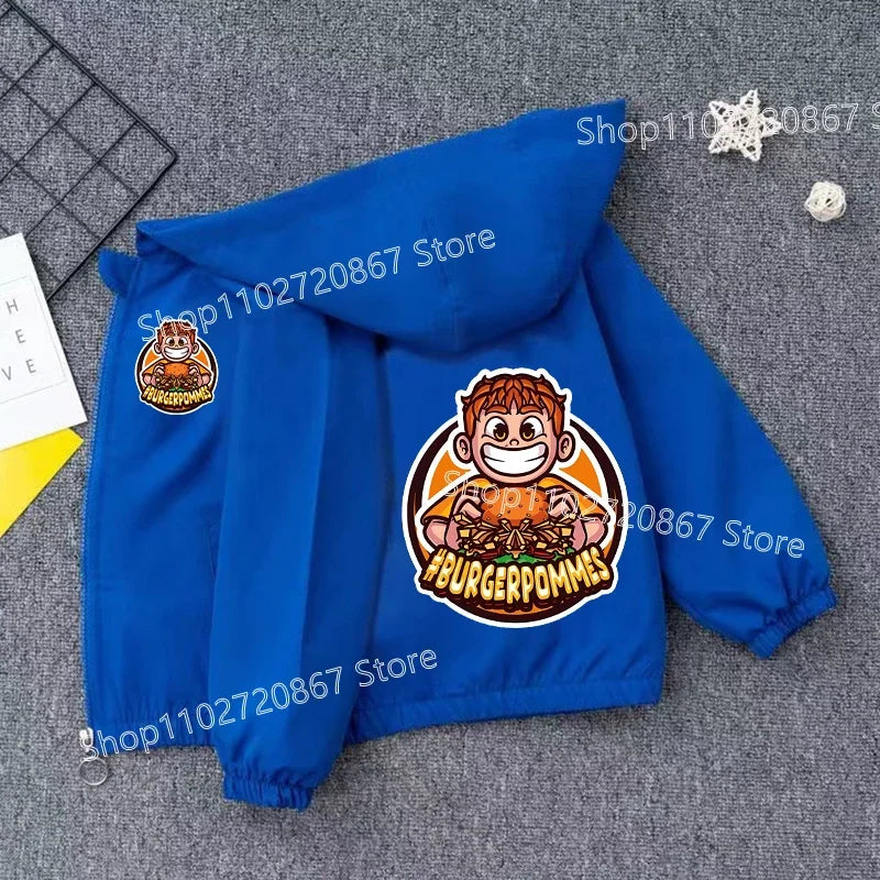 Burgerpommes Icrimax Kid Jacket Boy Anime Cartoon Windbreaker Hooded Trendy Cool Waterproof Top Coat Children's Clothing Gifts