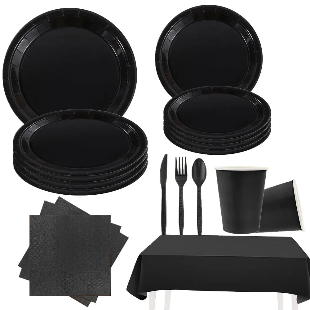 Simple Black Birthday Party Decoration Single theme Boda 20 piece Disposable Tableware Set Plates Cups Papers Tablecloth