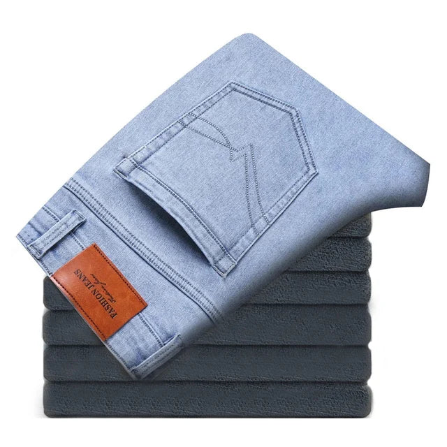 2024 New Men's Clothing Casual Jeans Winter New Fleece Pants Thick Warm Fashion Straight Fit Male Denim Trousers