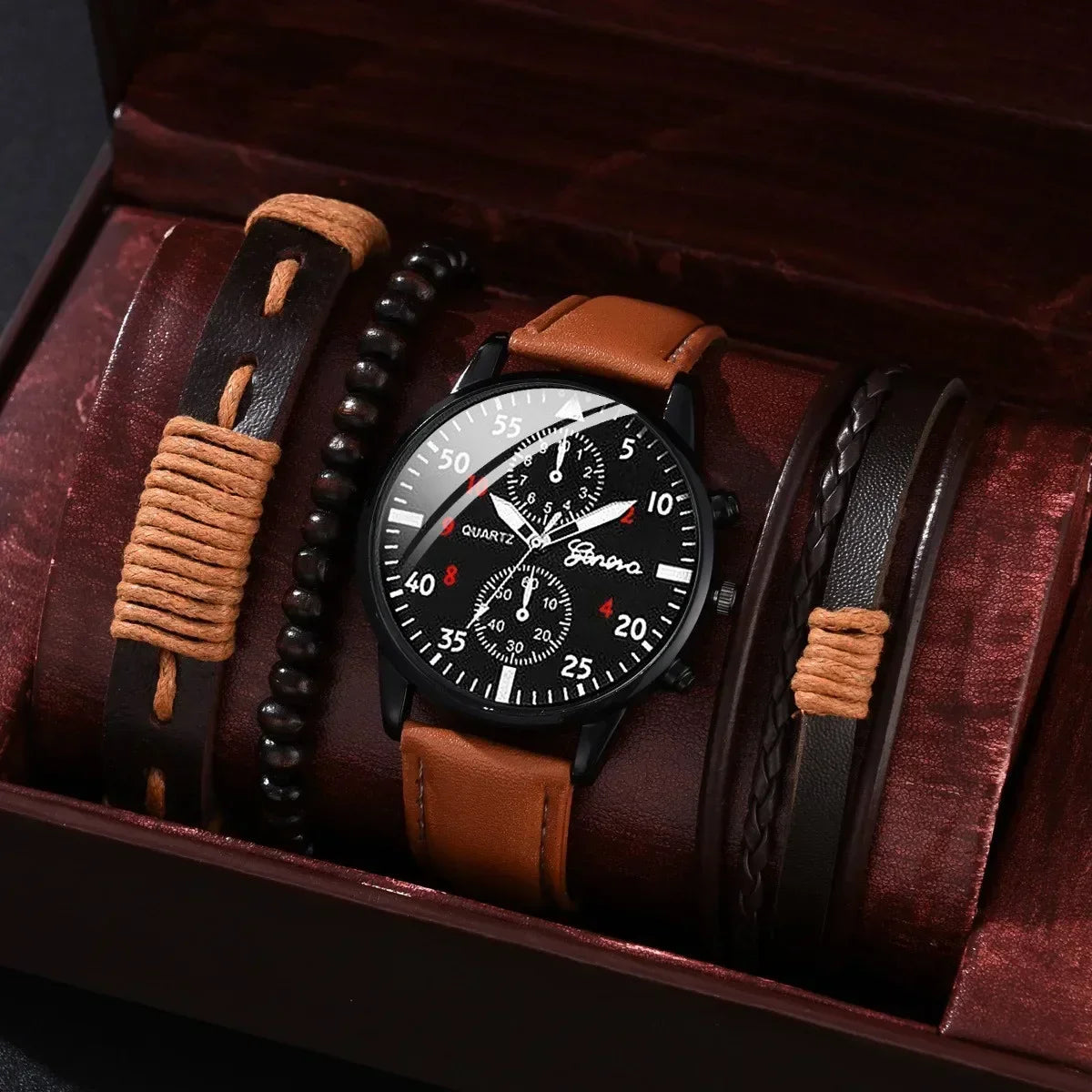 4/2/1pcs New Men Sports Watches Set Man Business Quartz Wristwatch Luxury Brown Leather Bracelet Men Casual Clock Watch(No Box)
