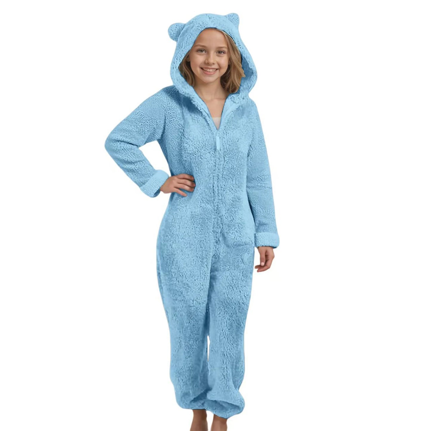 Autumn Winter Children's Boys Girls Thickened Hooded Jumpsuit Pajamas Cute Hooded Long Sleeved Zipper Plush Warm Home Clothes