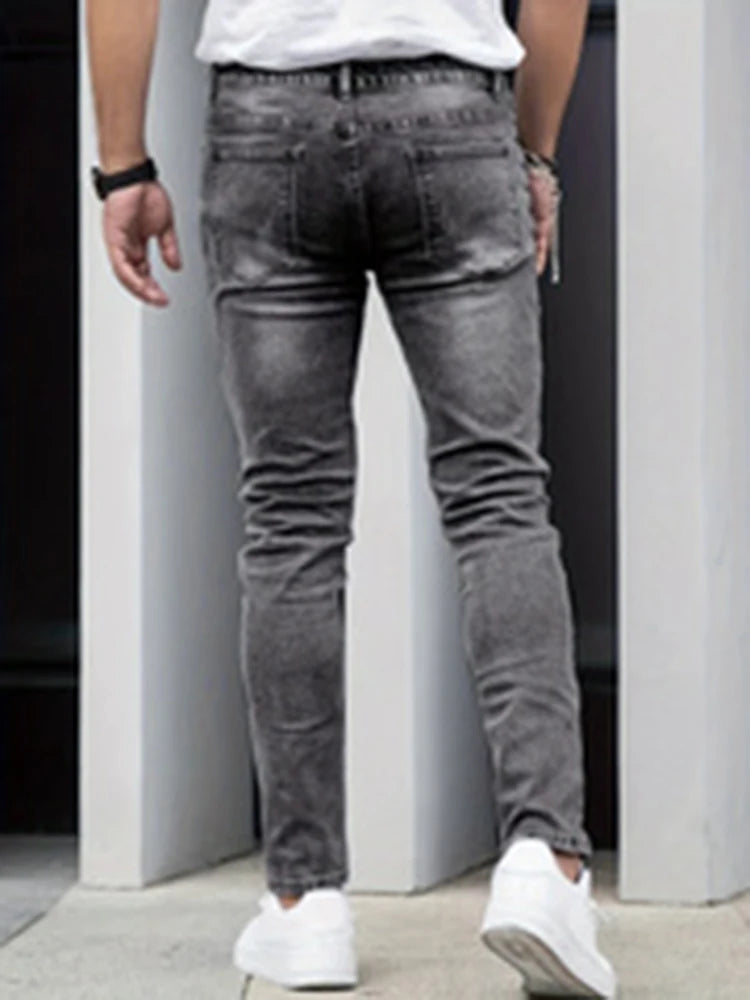 2025 Men's Slim Four-Season Washed Fashion Jeans Stretch Slim Fit Light Blue Gray Black Casual Denim Pants