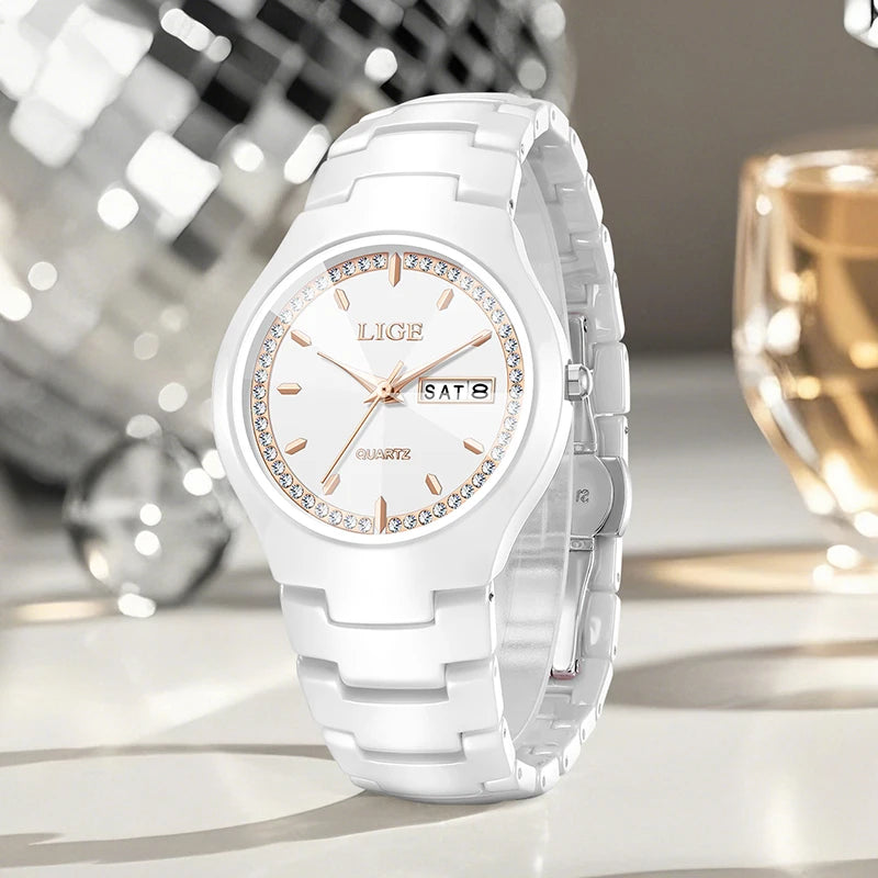 LIGE Fashion Luxury Woman Watch Elegant Top Brand Ceramics Diamond Waterproof Week Calendar Ladies Quartz Watches for Women+Box
