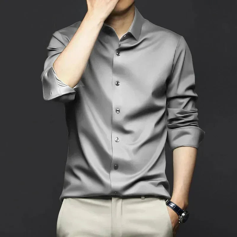 S-6XL Men's Long Sleeve Shirt Luxury Wrinkle Resistant Pure White Shirt Business Dress Casual Ice Silk Glossy Shirt