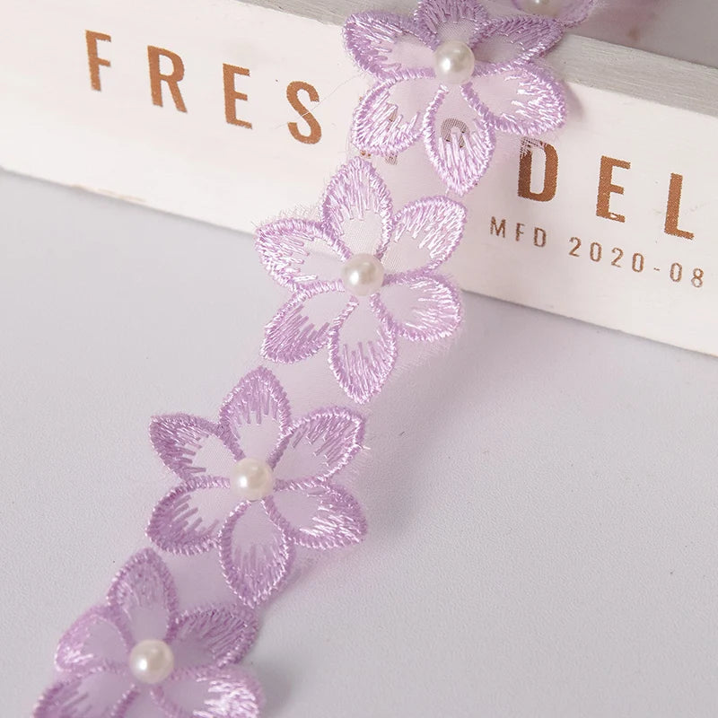1Meter Flower Pearl Beaded Embroidered DIY Lace Ribbon Trim 35mm Wide Fringe African Lace Fabric Handmade Dress Sewing Supplies
