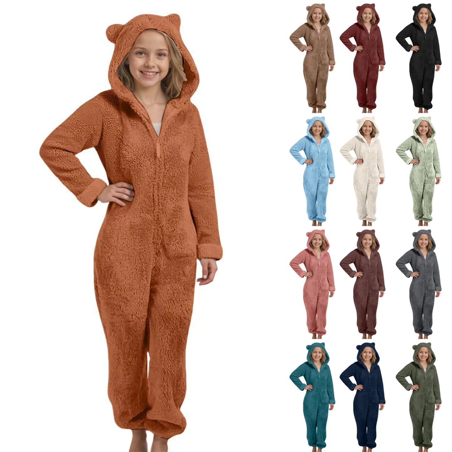 Autumn Winter Children's Boys Girls Thickened Hooded Jumpsuit Pajamas Cute Hooded Long Sleeved Zipper Plush Warm Home Clothes