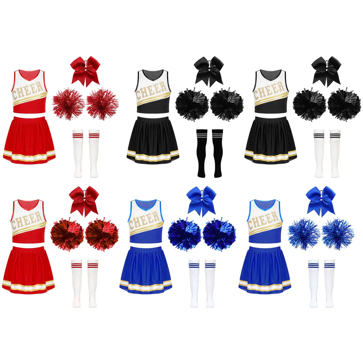 Cheerleader Costume Girls Kids Cheerleading Dance Dresses Pom Pom and Socks Set Cheer School Cosplay Carnival Halloween Clothes