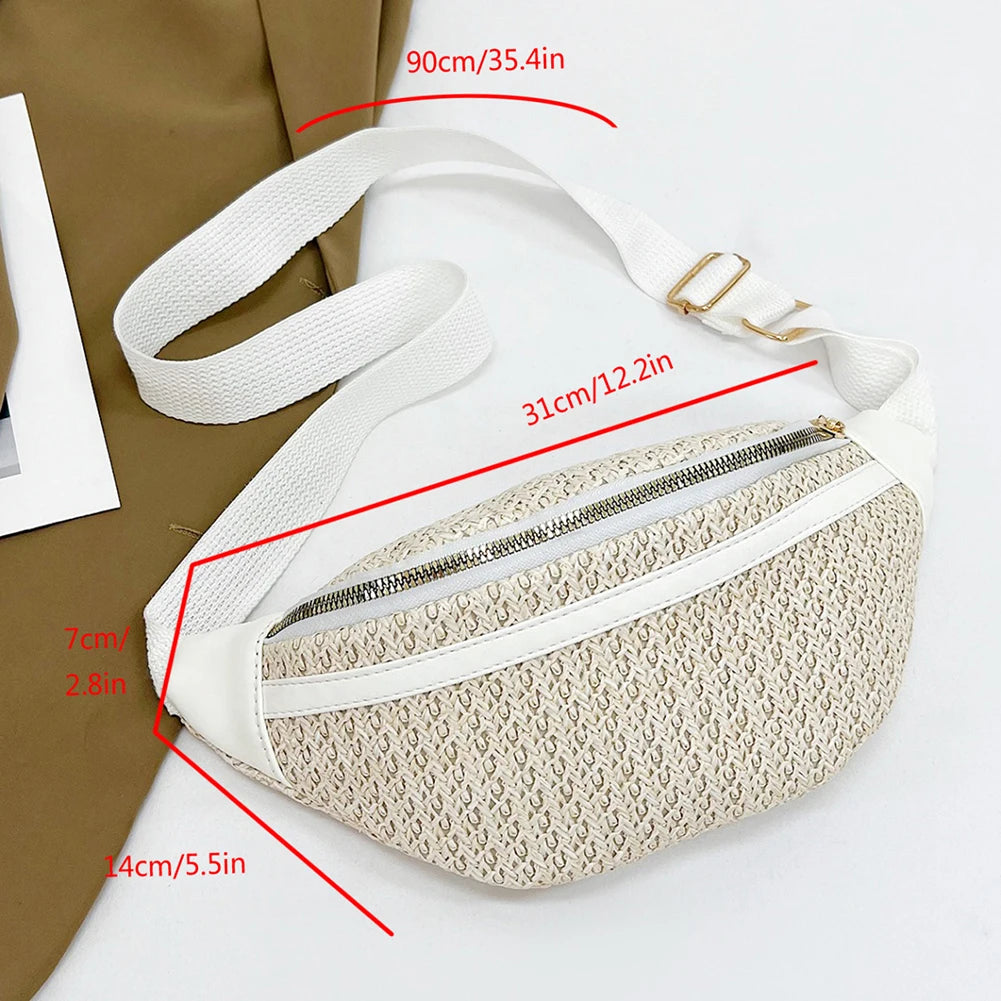 Boho Braided Fanny Pack Patchwork Straw Beach Bag for Women's Summer Hand-Woven Bum Bag Adjustable Strap Crossbody Shoulder Bags