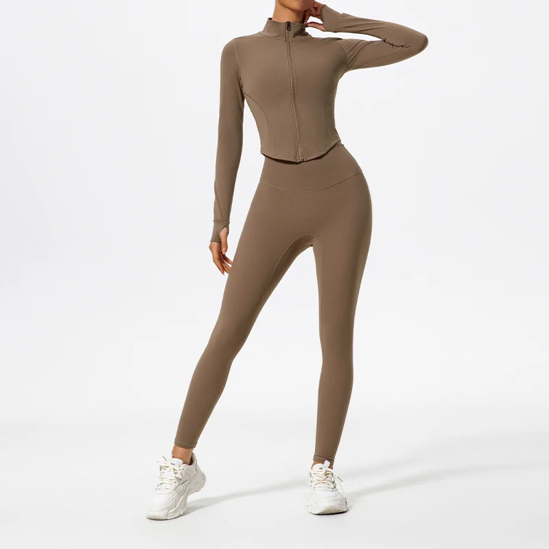 Hearuisavy Ultra-Soft Fabrics 2Pcs Long Sleeve Gym Set Women Quick-Dry Yoga Clothes Workout Leggings Suit Sports Jackets Women