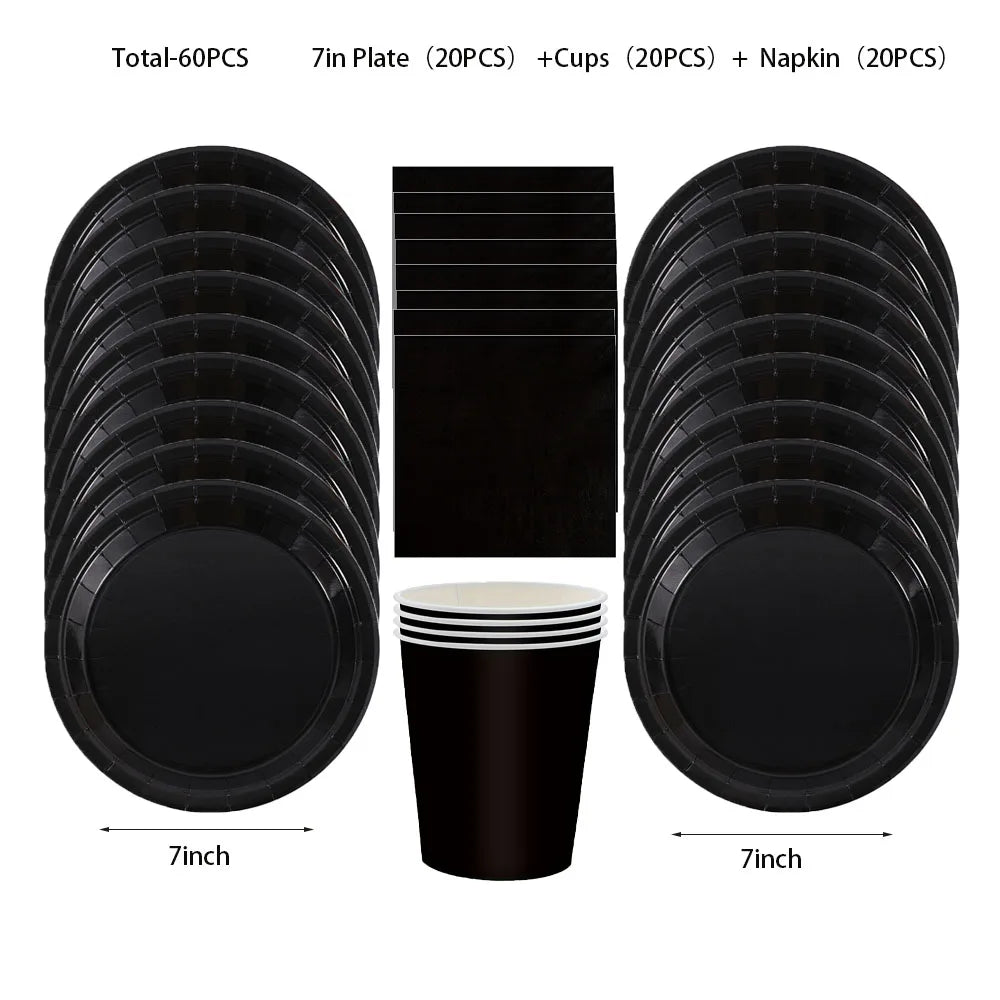 Simple Black Birthday Party Decoration Single theme Boda 20 piece Disposable Tableware Set Plates Cups Papers Tablecloth