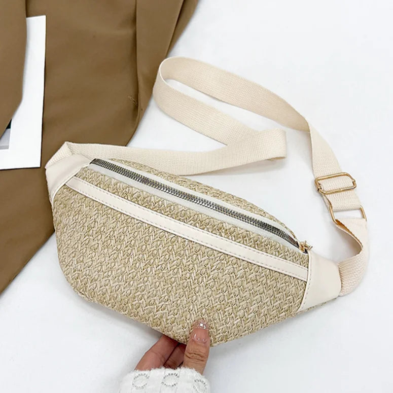 Boho Braided Fanny Pack Patchwork Straw Beach Bag for Women's Summer Hand-Woven Bum Bag Adjustable Strap Crossbody Shoulder Bags