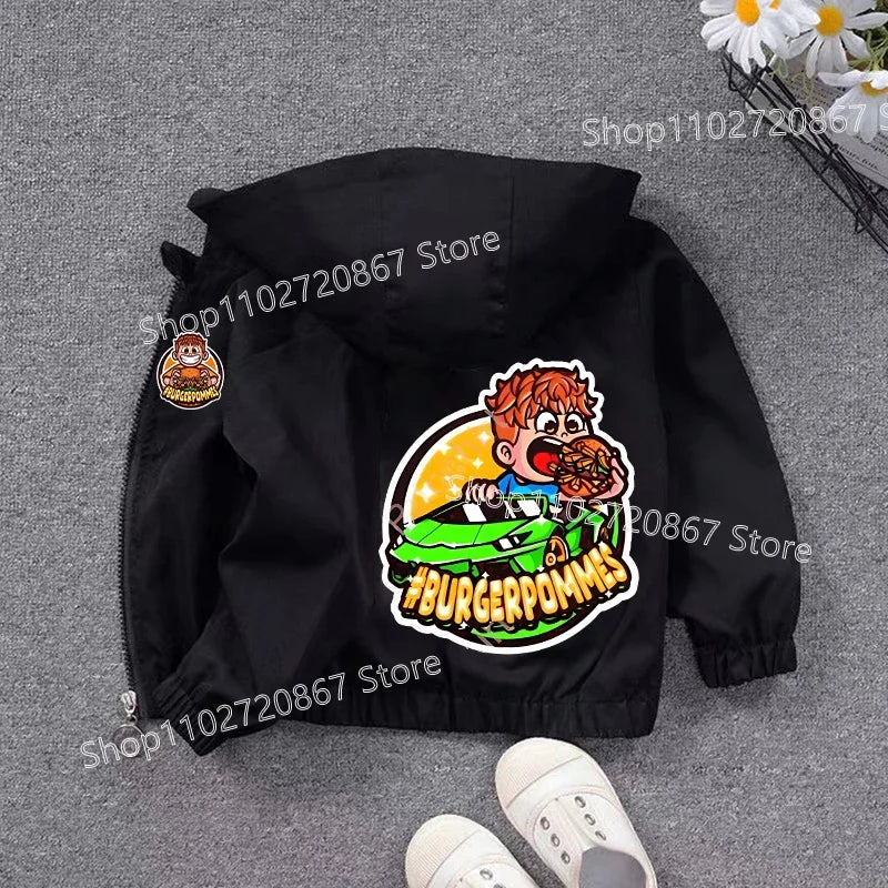 Burgerpommes Icrimax Kid Jacket Boy Anime Cartoon Windbreaker Hooded Trendy Cool Waterproof Top Coat Children's Clothing Gifts