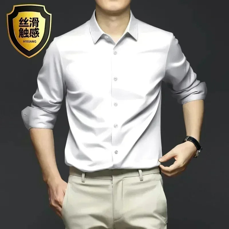 S-6XL Men's Long Sleeve Shirt Luxury Wrinkle Resistant Pure White Shirt Business Dress Casual Ice Silk Glossy Shirt