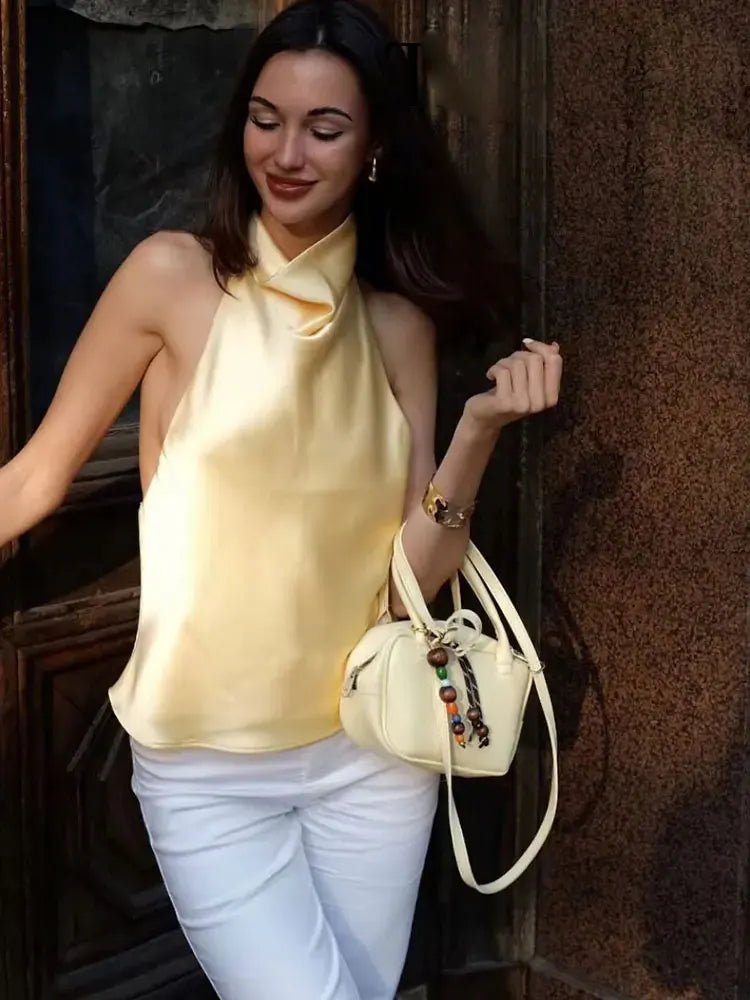 HH 2025 Summer Women's Sexy Solid Color Halter Neck Top Retro Backless Buttons Women's Slim Body New Fashion Streetwear Y2K
