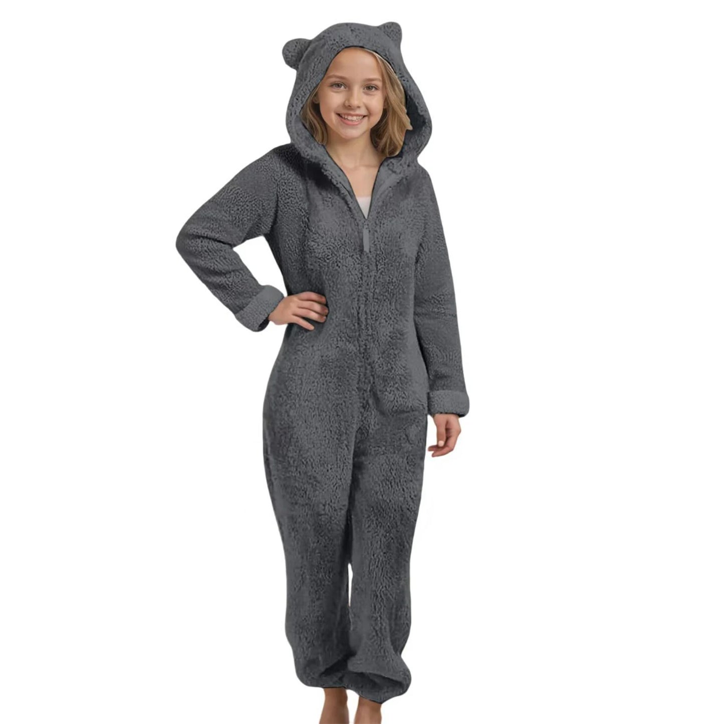 Autumn Winter Children's Boys Girls Thickened Hooded Jumpsuit Pajamas Cute Hooded Long Sleeved Zipper Plush Warm Home Clothes