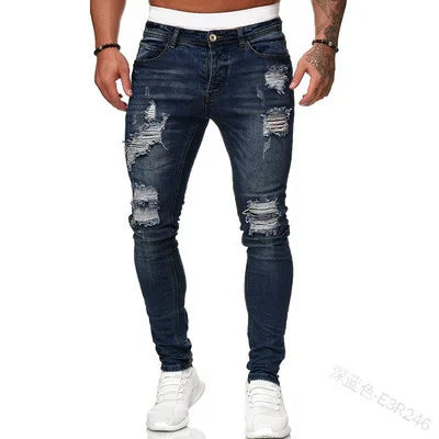 Mens Skinny Ripped jeans Slim scarification Blue Denim Pencil Pants Street hip-hop denim trousers fashion cowboy clothing men