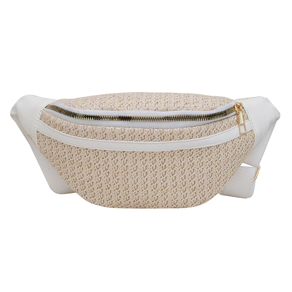 Boho Braided Fanny Pack Patchwork Straw Beach Bag for Women's Summer Hand-Woven Bum Bag Adjustable Strap Crossbody Shoulder Bags
