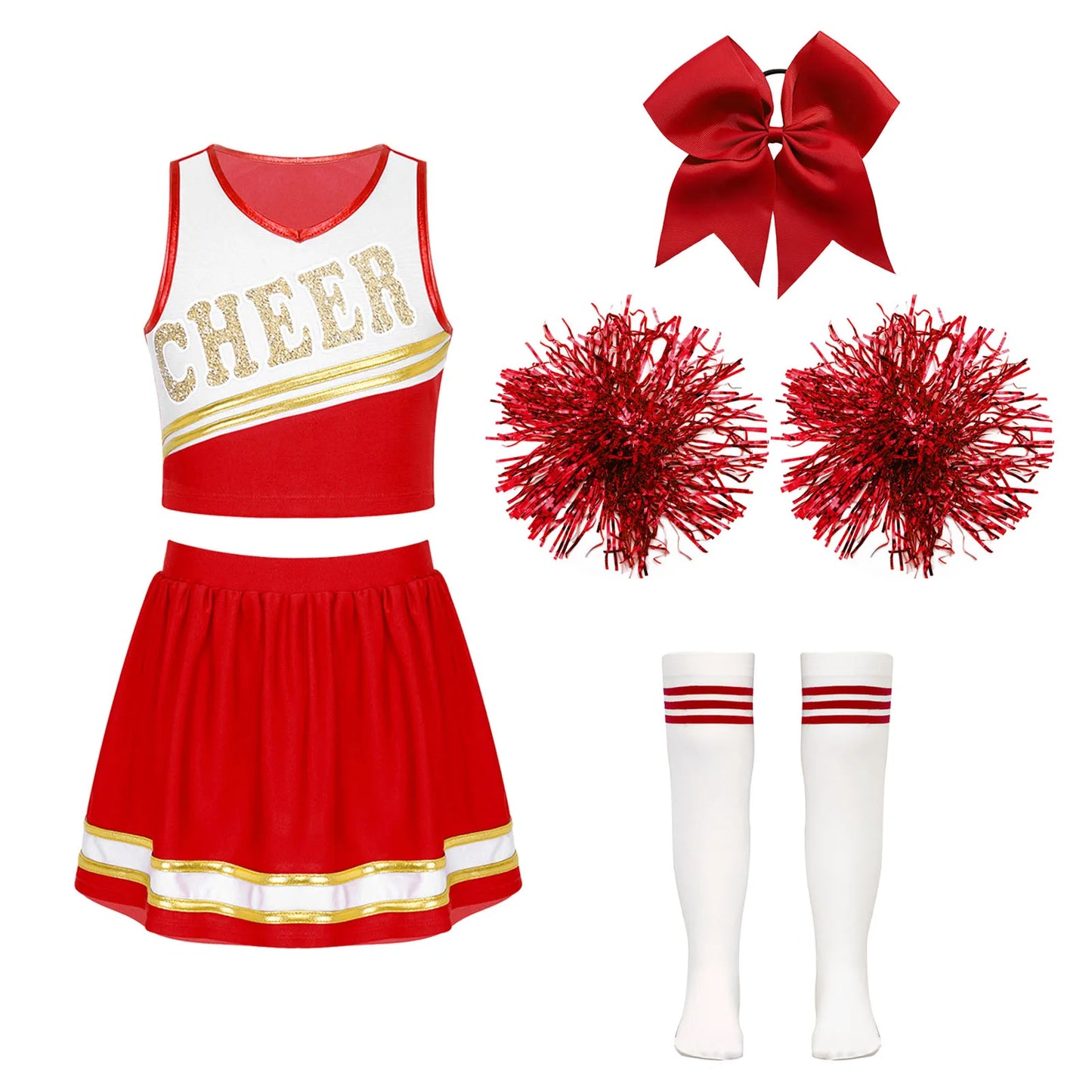 Cheerleader Costume Girls Kids Cheerleading Dance Dresses Pom Pom and Socks Set Cheer School Cosplay Carnival Halloween Clothes