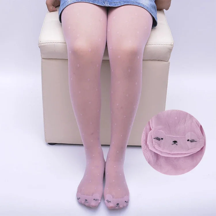 Spring Summer Tights for Girls Cartoon Thin Silk Pantyhose Kids Candy Color Dot Dance Stocking Child Girls Tights with Cats