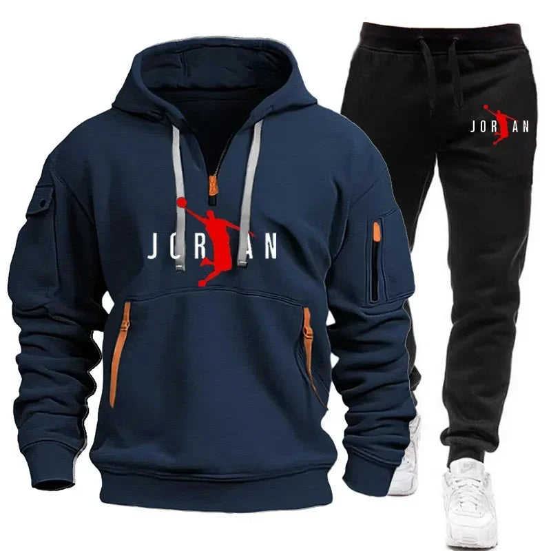 The new men's sportswear set for autumn and winter 2025, featuring an outdoor casual and fashionable jogging pullover and trouse