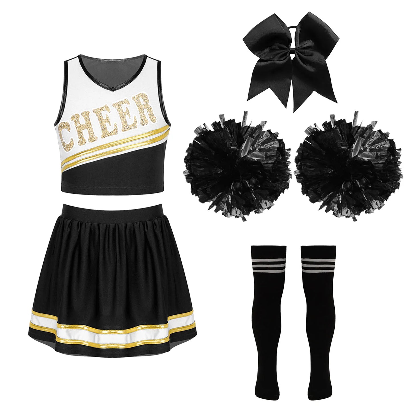 Cheerleader Costume Girls Kids Cheerleading Dance Dresses Pom Pom and Socks Set Cheer School Cosplay Carnival Halloween Clothes