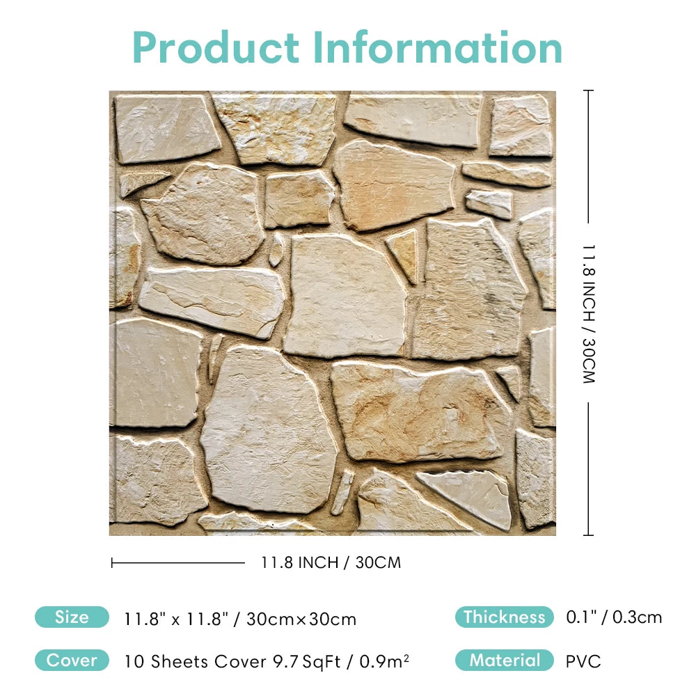 3D Tile Stickers, 3D Faux Stone Textures, Matte, 30cm x 30cm, Water and Mold Resistant, for Living Room, Kitchen Wall Update