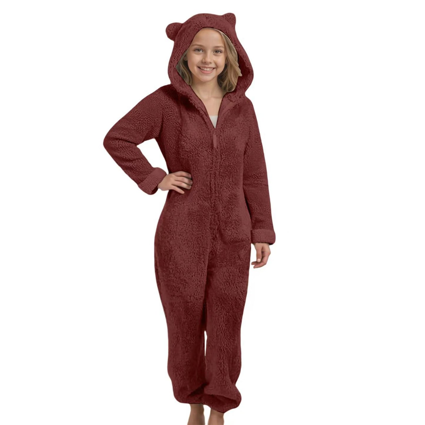 Autumn Winter Children's Boys Girls Thickened Hooded Jumpsuit Pajamas Cute Hooded Long Sleeved Zipper Plush Warm Home Clothes